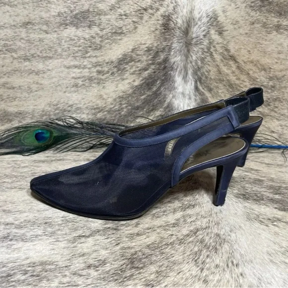Yves Saint Laurent Womens Vintage Shoes Blue Mesh Slingback Heels Size 6